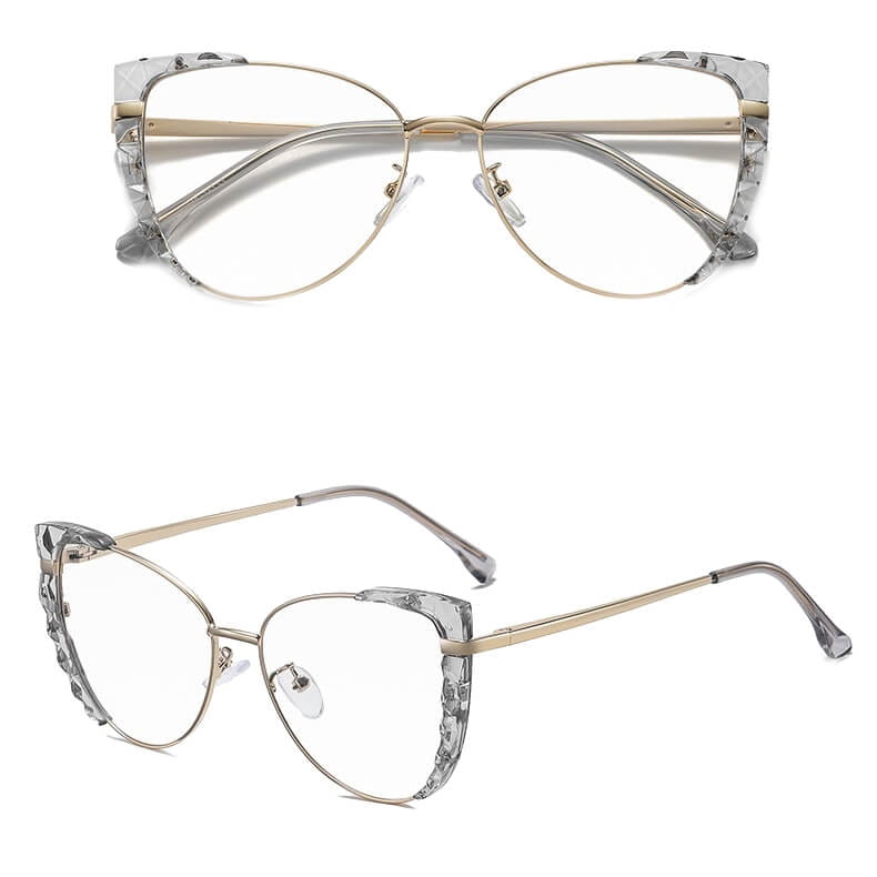 Damskie kocie okulary zerówki do komputera BLUE LIGHT z flexami 25136B szary/złoty