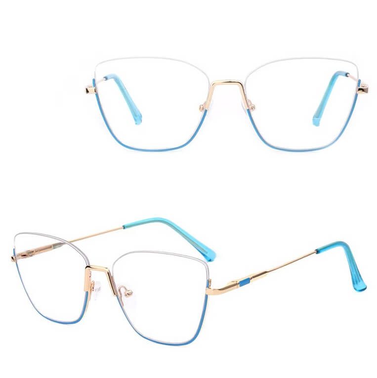 Damskie okulary półramki kocie zerówki do komputera BLUE LIGHT 25142D Złoty/Niebieski