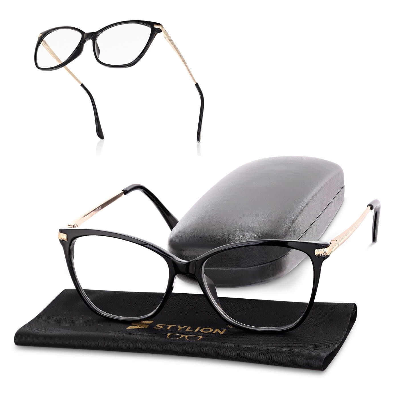 Plusy +1.00 damskie okulary do czytania korekcyjne Kocie Oczy z flexami ST320 czarno-złote