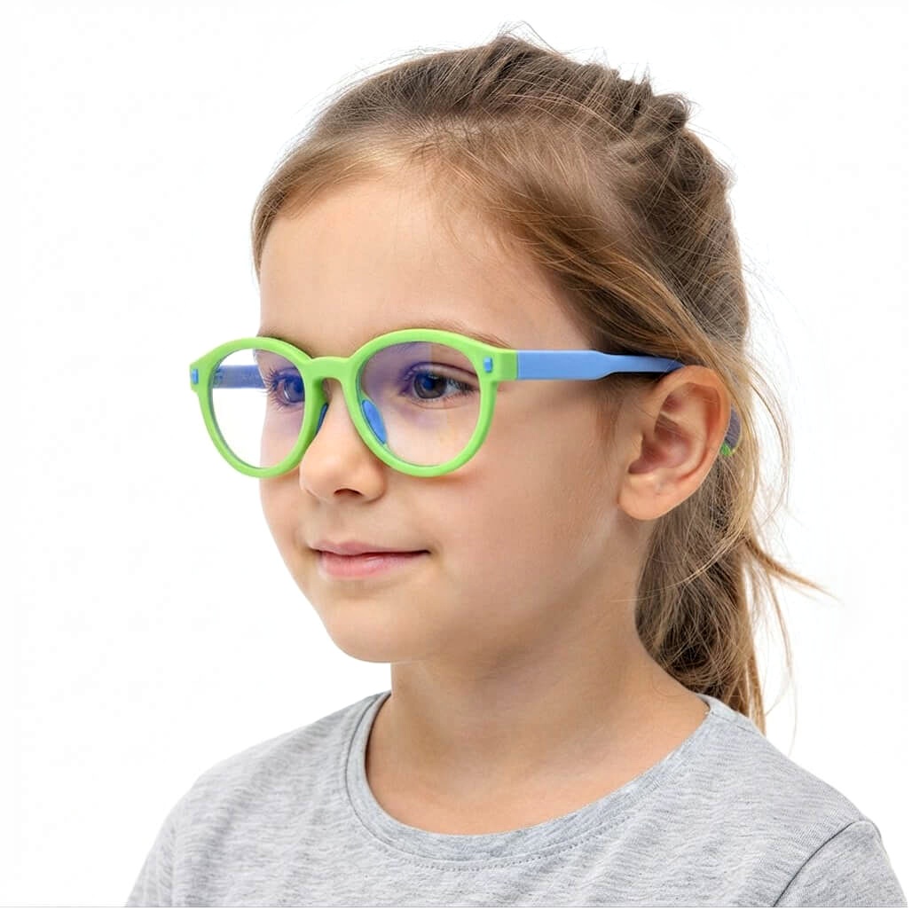 Dziecięce 4-8 lat elastyczne okulary zerówki do komputera Blue Light 25193D zielony/błękit