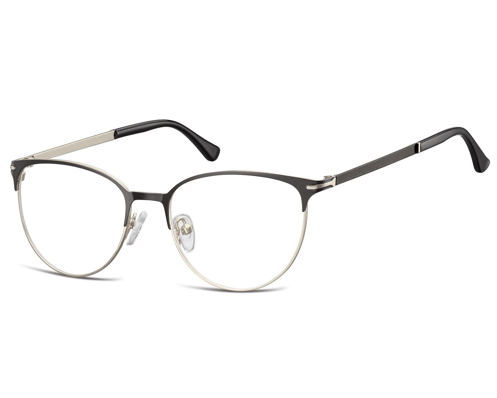 Okulary oprawki korekcyjne kocie oczy zerówki Sunoptic 914 srebrno-czarne